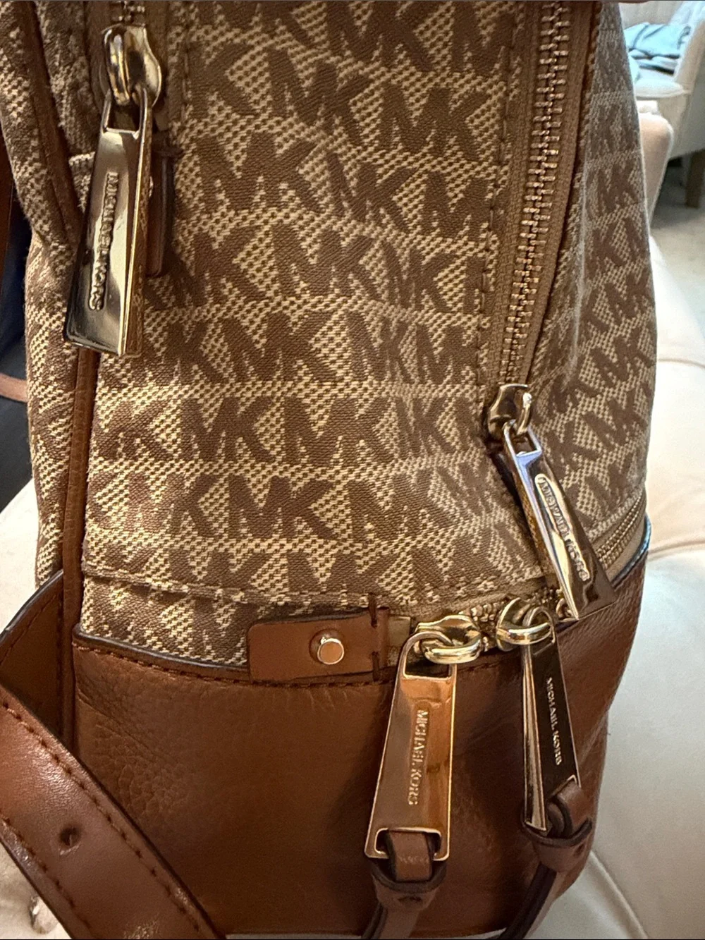 Michael Kors Tan and Beige MK Logo Backpack